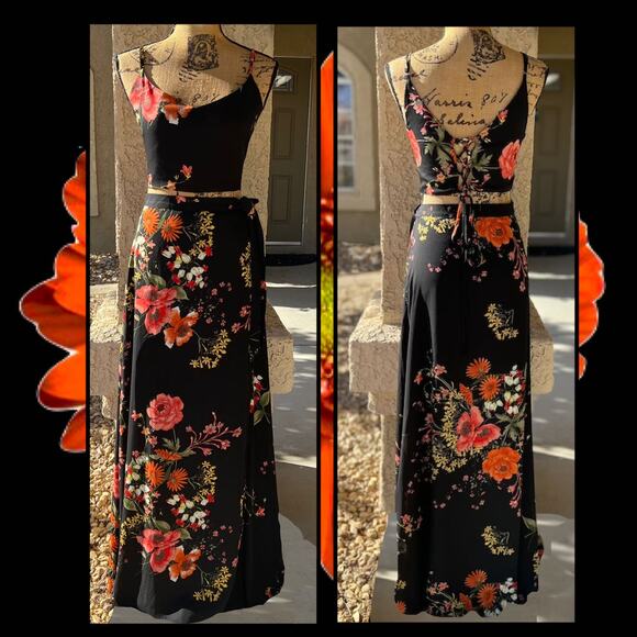 Lulus Bloom With a View Black Floral Print Two-Piece Maxi Dress Size XL - Picture 7 of 14